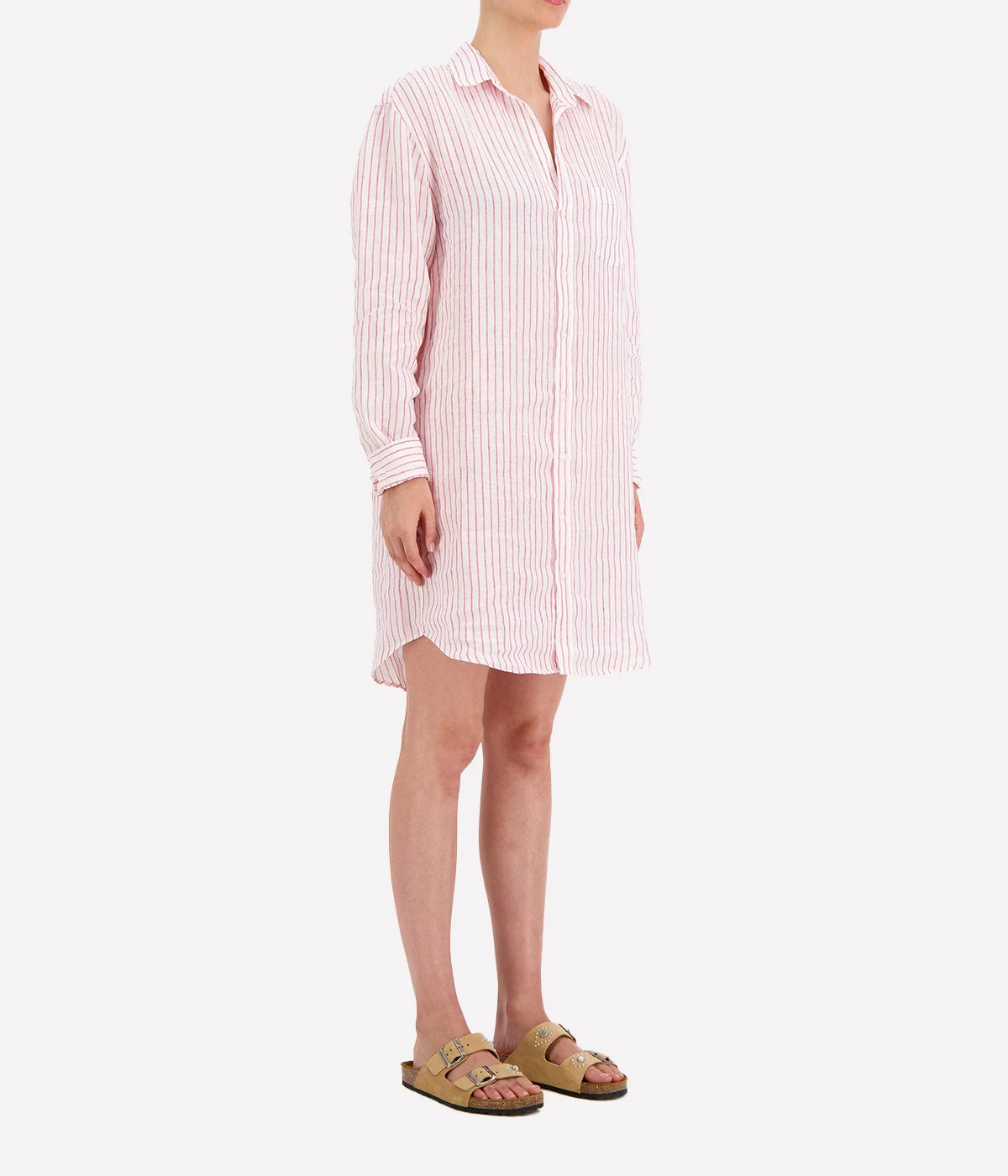 Mary Woven Button Up Dress in Pink Stripe