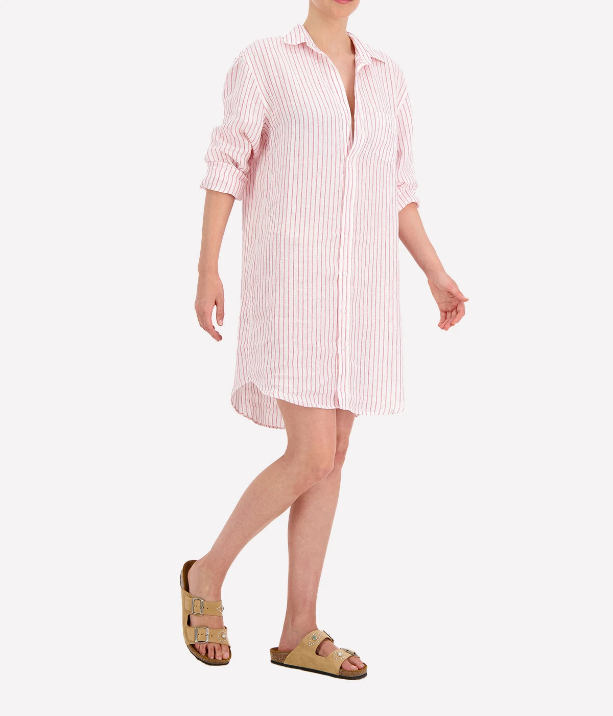 Mary Woven Button Up Dress in Pink Stripe