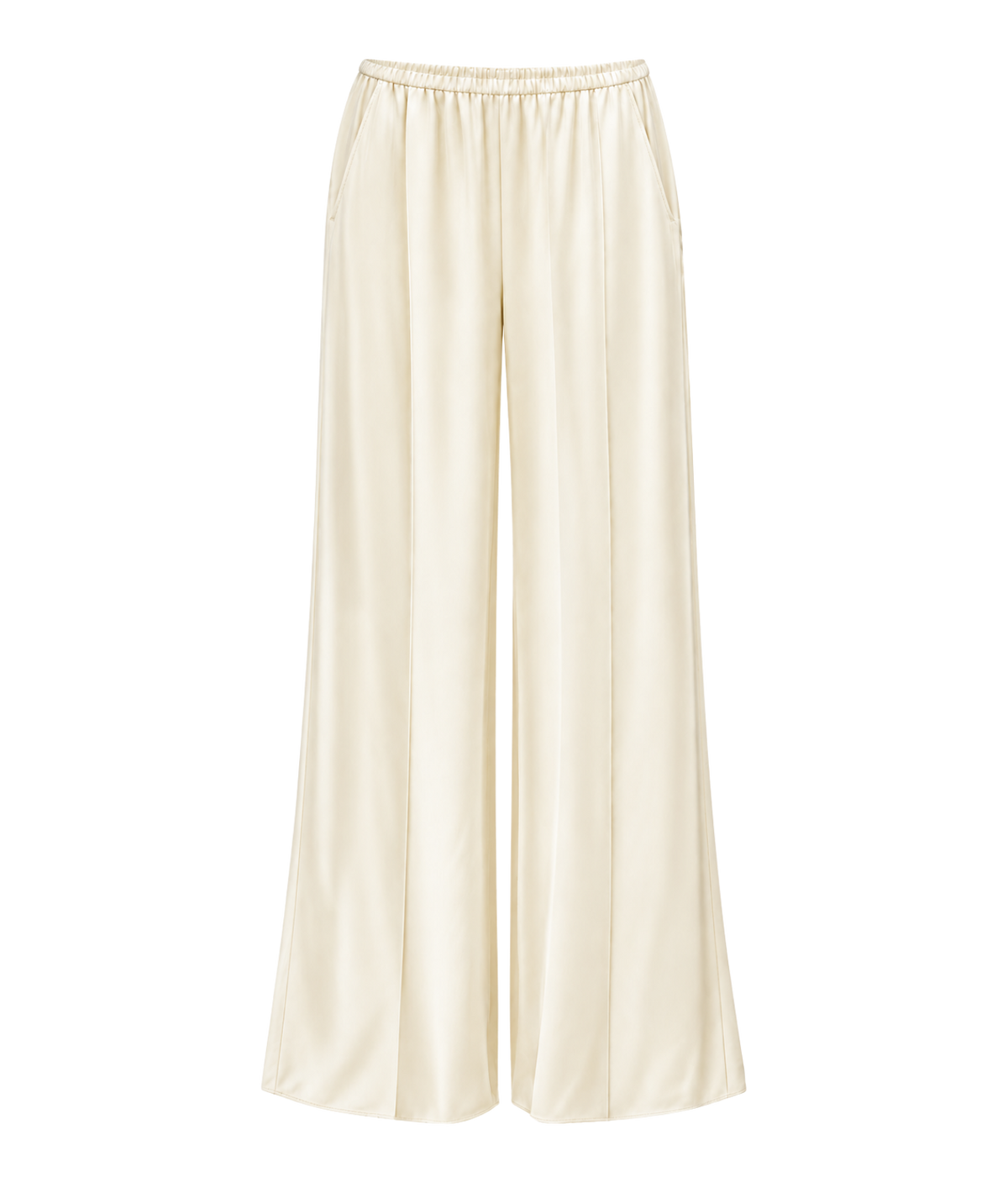 Front product view of the Forte Forte matte envers satin elasticated pants in Diamond, ivory wide-leg pants with an elasticated waist.