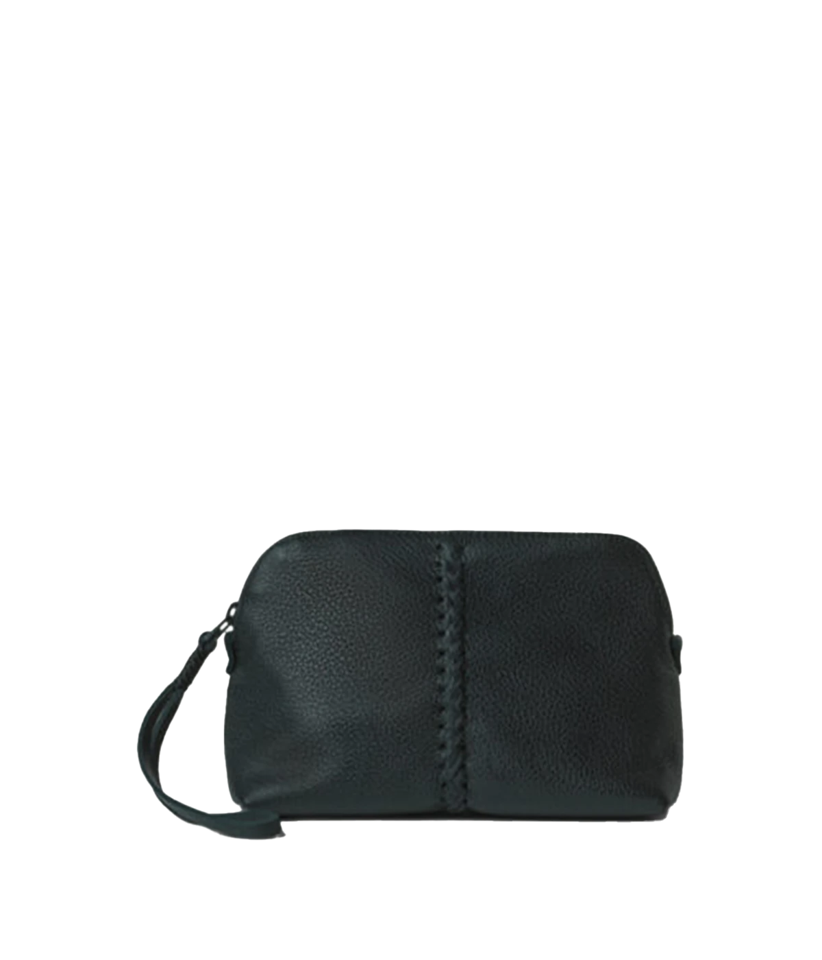 An essential vanity case in black featuring 100% leather, signature leather handstitching, wrist strap, full lining. Makeup bag, travel essential, everyday extra bag, Made in Greece, luxury leather, everyday work bag, mum bag throw on and go.