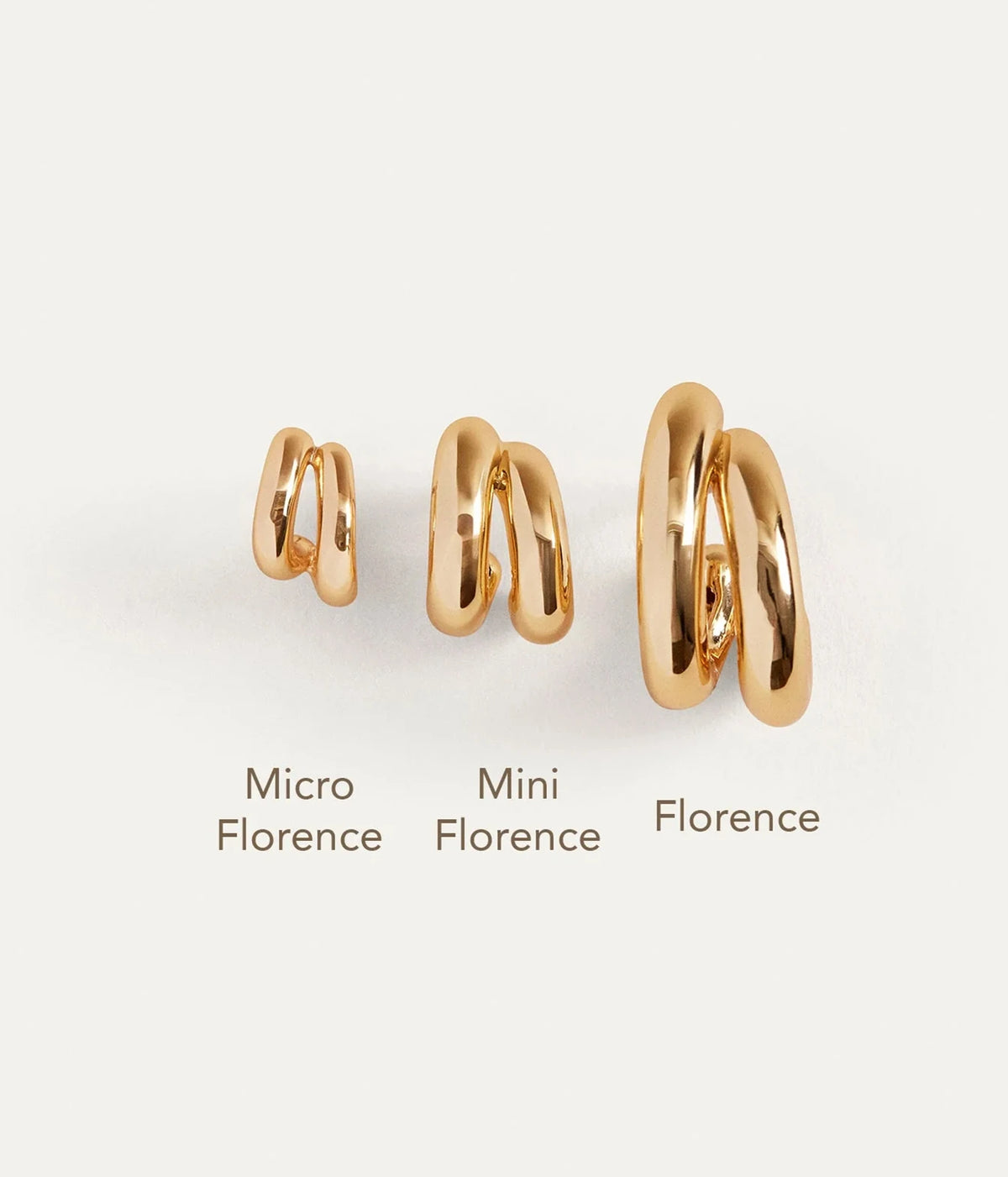 Jenny Bird Mini Florence Earrings in Gold shown between the Micro Florence and Florence Earrings for size comparison