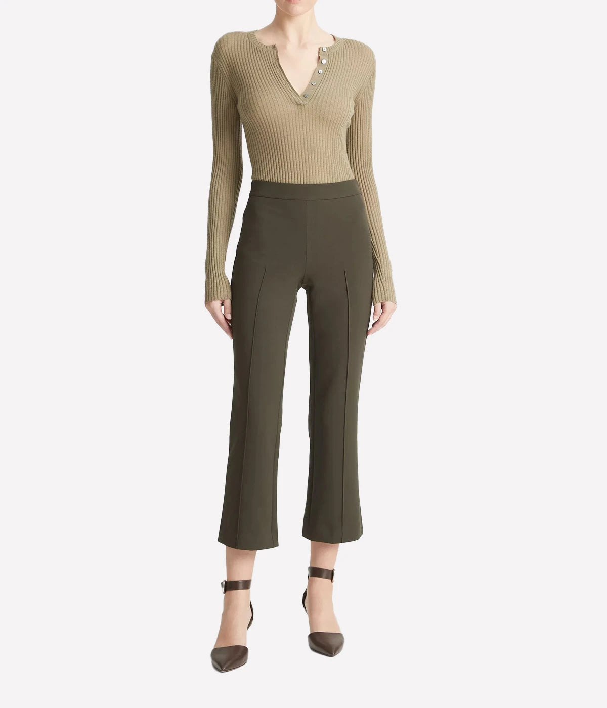 *FINAL SALE* Mid Rise Pin Tuck Crop Flare Pant in Eden