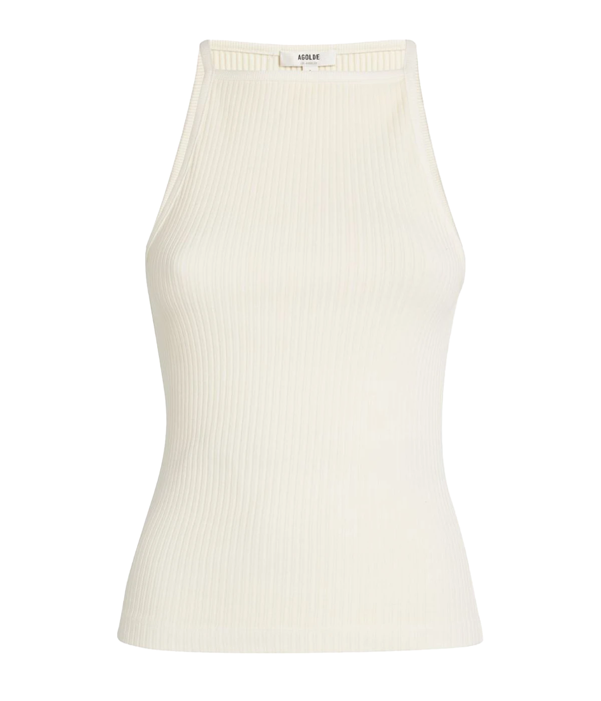 An elevated basic tank, made from a soft rib cotton and in a classic beige colourway. Featuring a high neckline, long bodice and flattering fit. Summer staple, bra friendly, date night top, made in USA, comfortable, elevated basic, date night top.