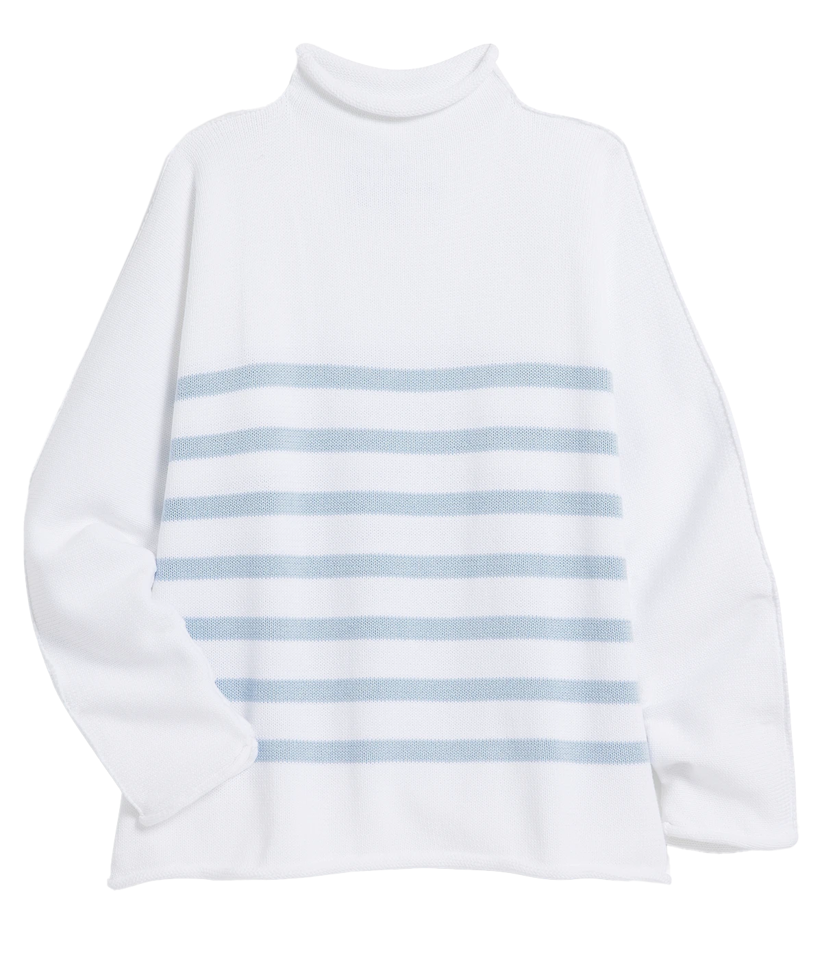 ALT TEXT: "Luxurious Italian cotton sweater featuring a rolled funnel neck and long, continuous sleeves with exposed seams."