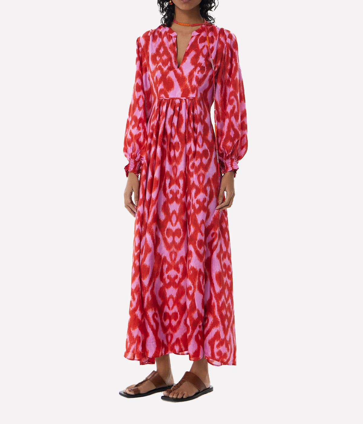 ALT Text: Fuchsia maxi dress in flowing silk fabric with a relaxed fit and vibrant colour, perfect for special occasions or elevated everyday wear.