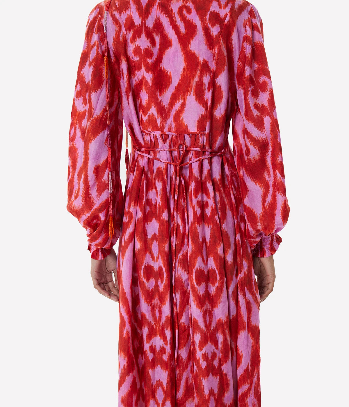 ALT Text: Fuchsia maxi dress in flowing silk fabric with a relaxed fit and vibrant colour, perfect for special occasions or elevated everyday wear.