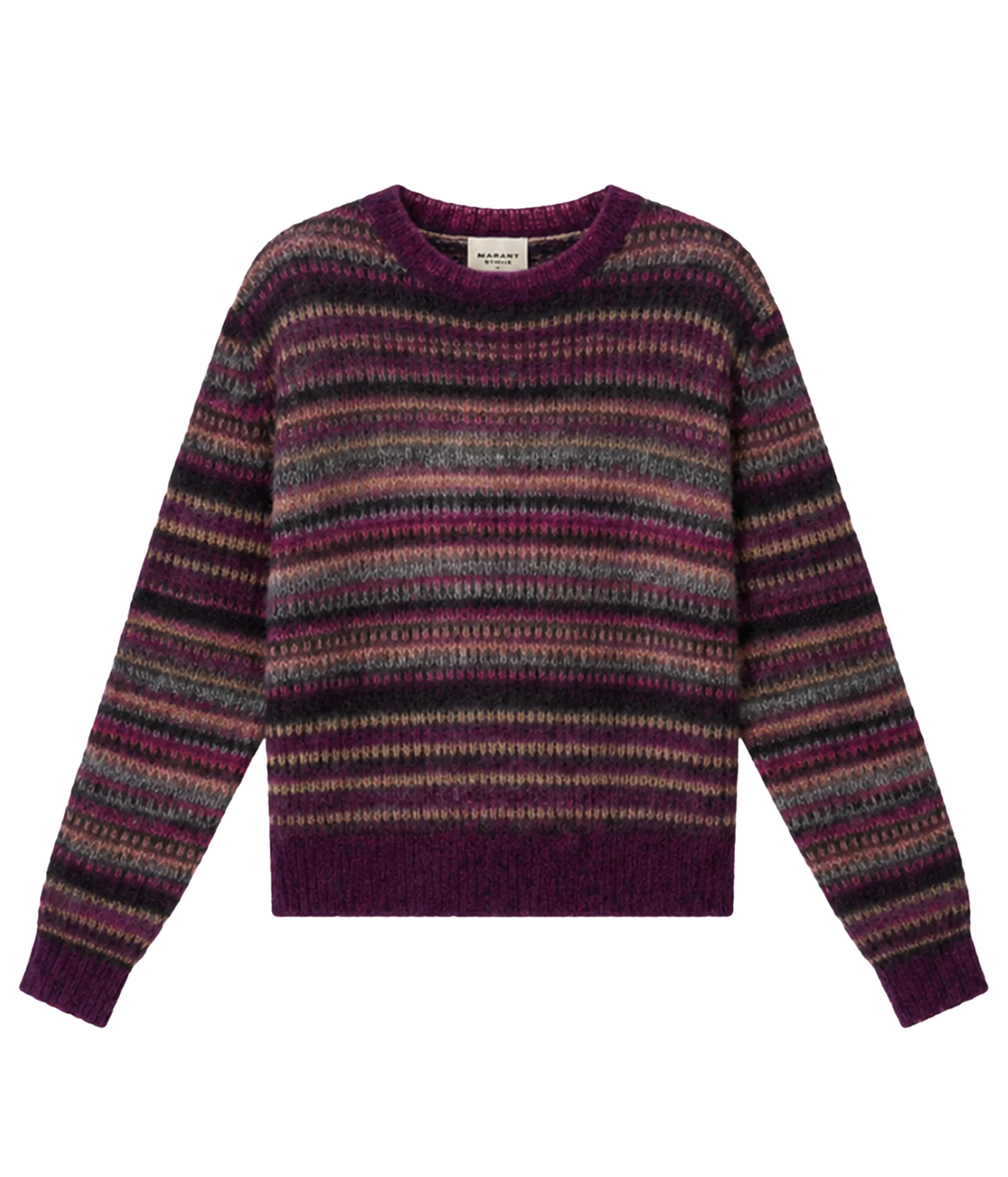 A long-sleeve crewneck knit sweater with horizontal stripes in shades of purple, burgundy, grey, and beige - Morine Mohair Sweater In Plum