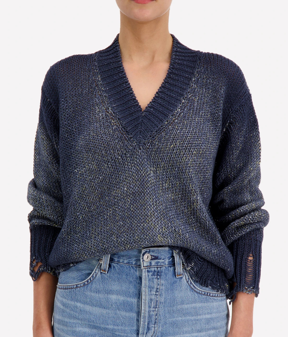 Mouline V Neck Pullover in Blue Navy