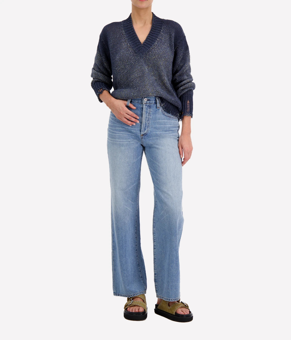 Mouline V Neck Pullover in Blue Navy