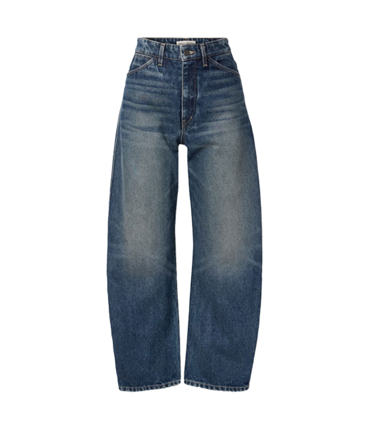 High-rise barrel leg jeans in Japanese non-stretch denim, showcasing a curved silhouette with patch pockets, a zip fly, and shank closure.