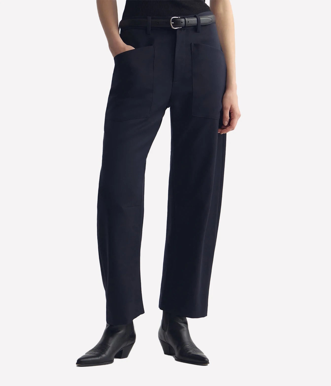 Nili Lotan Shon Wool Pant in Midnight, close-up front view on model with belt