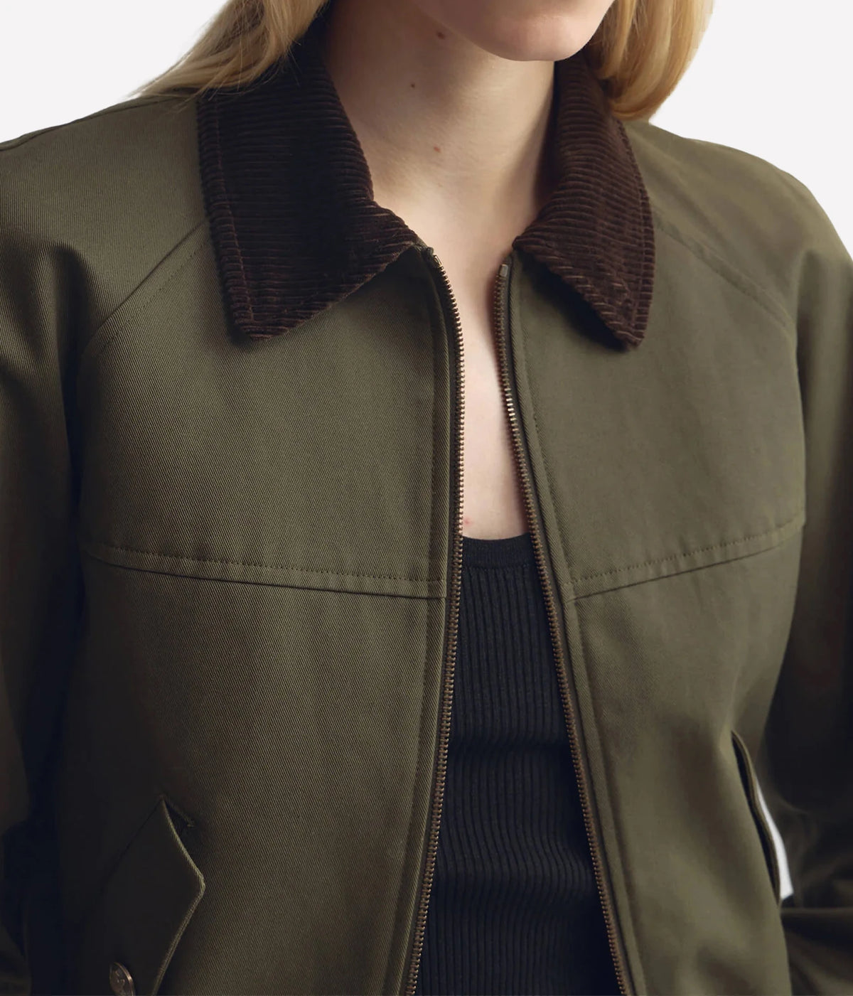 Nili Lotan Victor Bomber Jacket in Army Green, close-up of corduroy collar