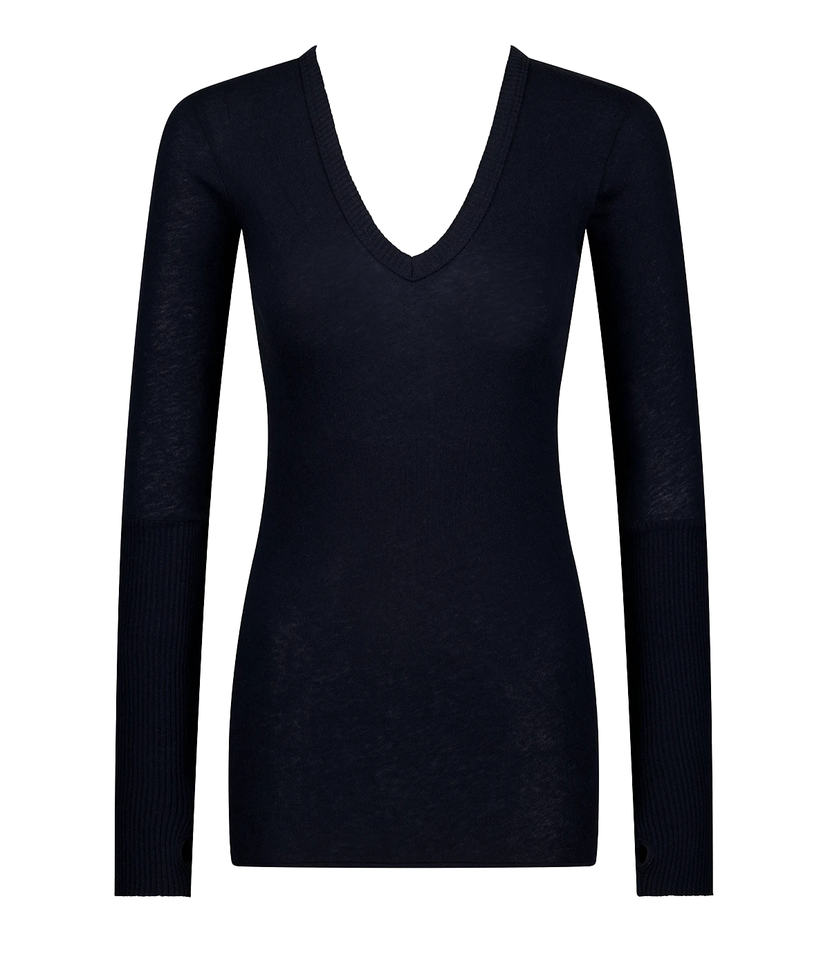 Cashmere V Neck Fitted Long Sleeve Top in Navy