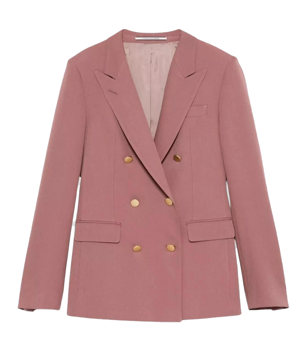 ALT text: Rosa pink Nayade double-breasted blazer by Tagliatore with peak lapels and flap pockets.