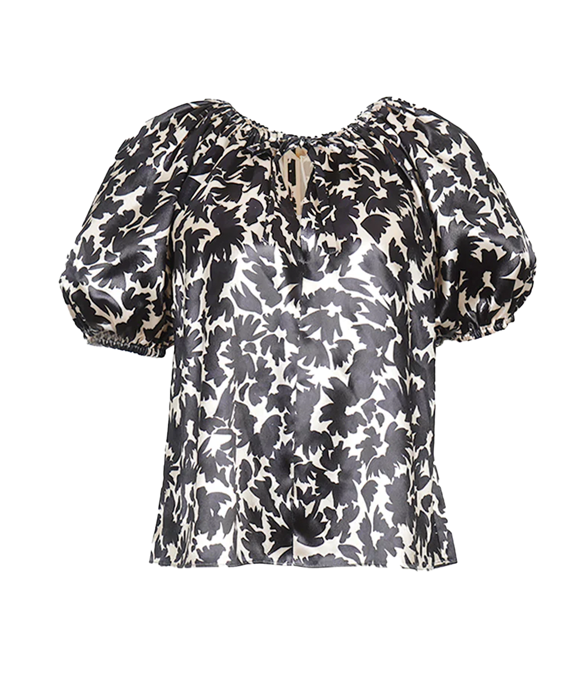ALT text: Black and cream floral satin top with puff short sleeves, flowy fit, and keyhole necktie detail.