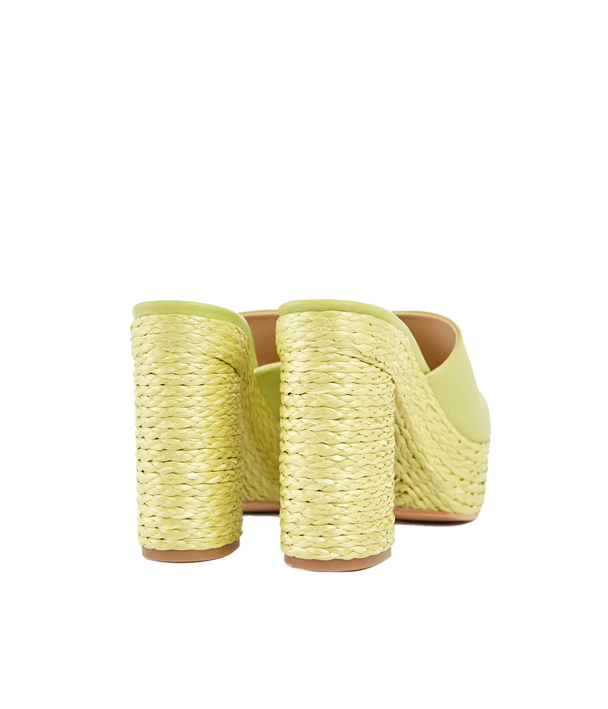 ALT Text: Lime platform sandals with raffia-covered heels, leather construction, and a nonslip leather sole, perfect for adding a pop of colour to any outfit
