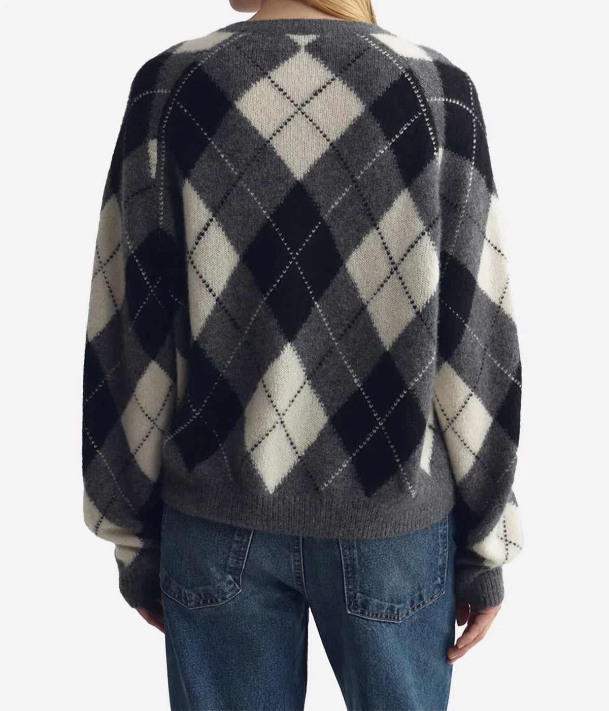 Nili Lotan Feron Argyle Sweater in Grey Ivory Argyle, close-up view on model