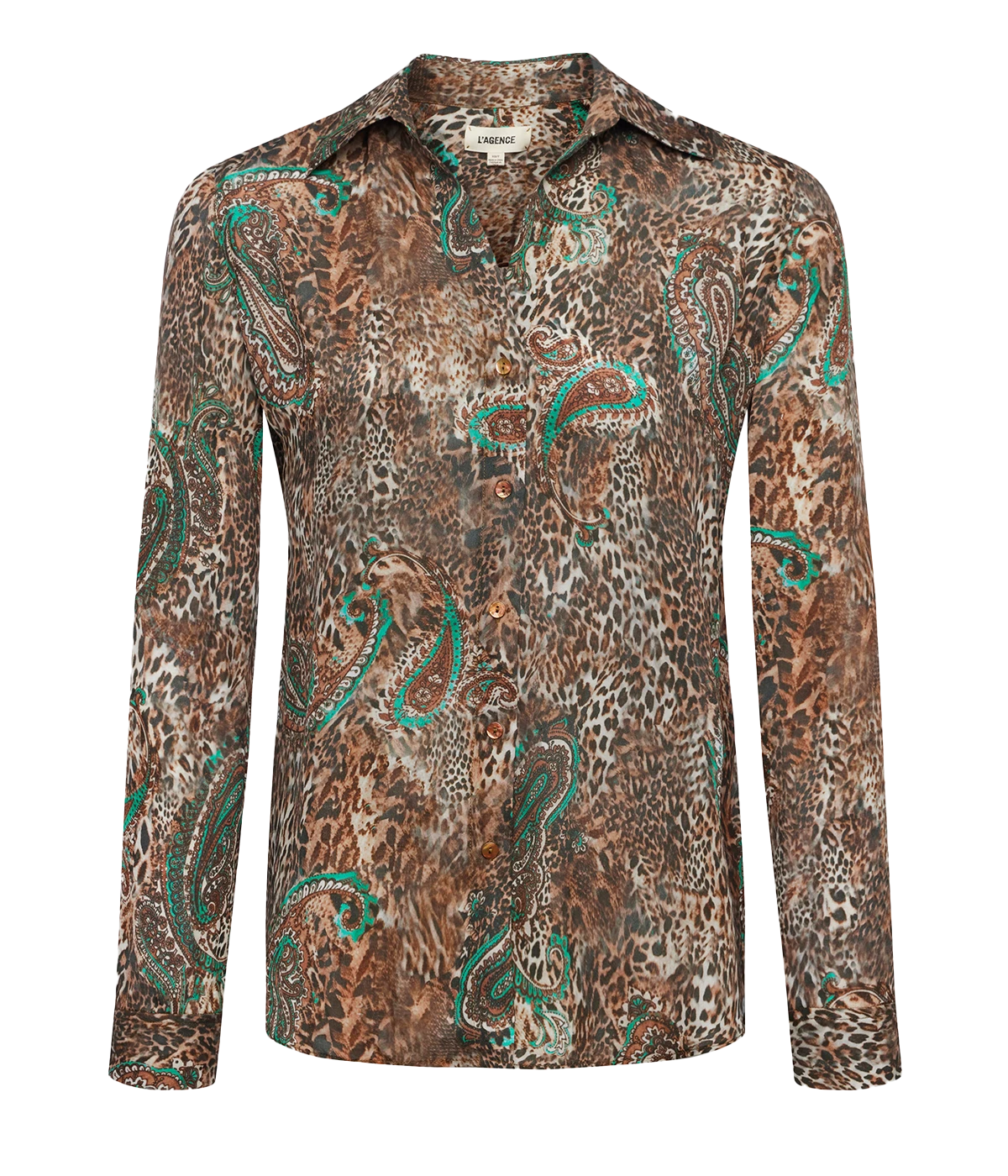 A classic long sleeve button up shirt, in a leopard print, with green paisley detailing. With collar, long sleeve, 100% silk, Bra friendly, date night top, made in USA. 