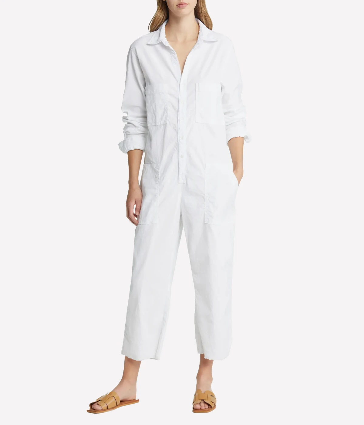 Full-length Frank & Eileen Northern Ireland Jumpsuit in a relaxed fit with roomy pockets and scrunchable sleeves, styled casually with sneakers.