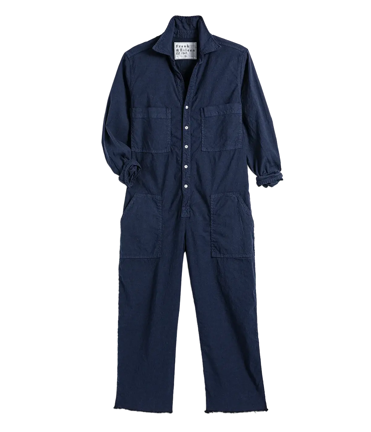 A cotton and linen blend long sleeve navy jumpsuit, throw on and go with a collar detailing, button down and raw hem. Bra friendly, comfortable, summer outfit, breathable, washable, made in Los Angeles. 