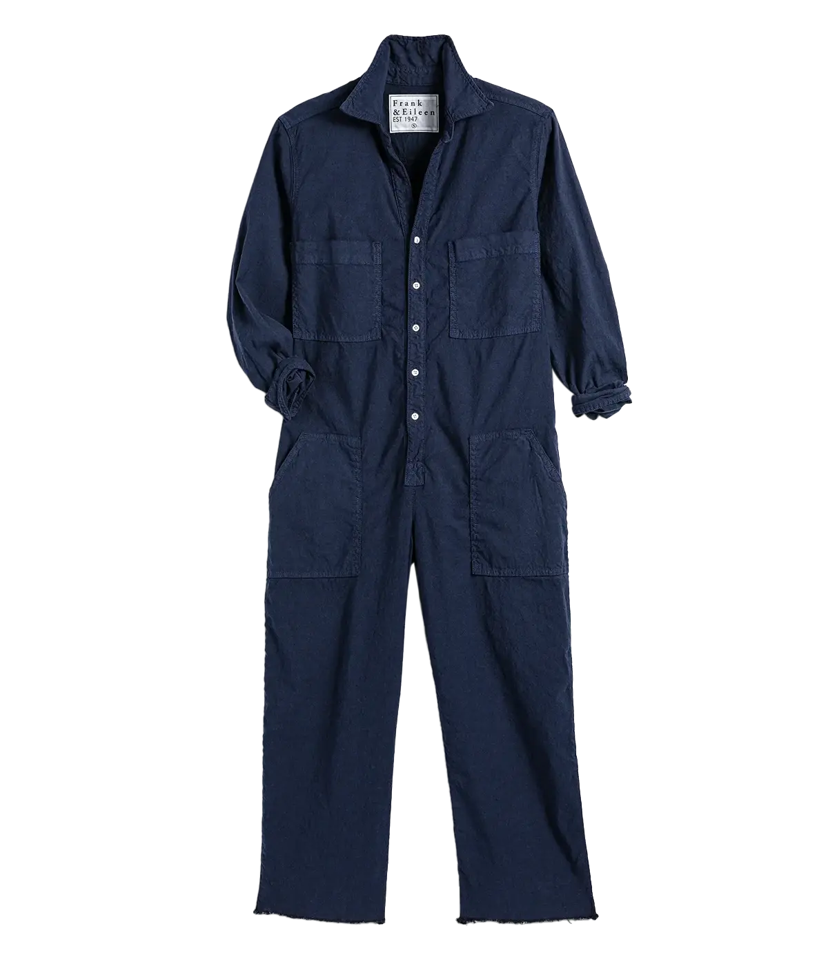 A cotton and linen blend long sleeve navy jumpsuit, throw on and go with a collar detailing, button down and raw hem. Bra friendly, comfortable, summer outfit, breathable, washable, made in Los Angeles.
