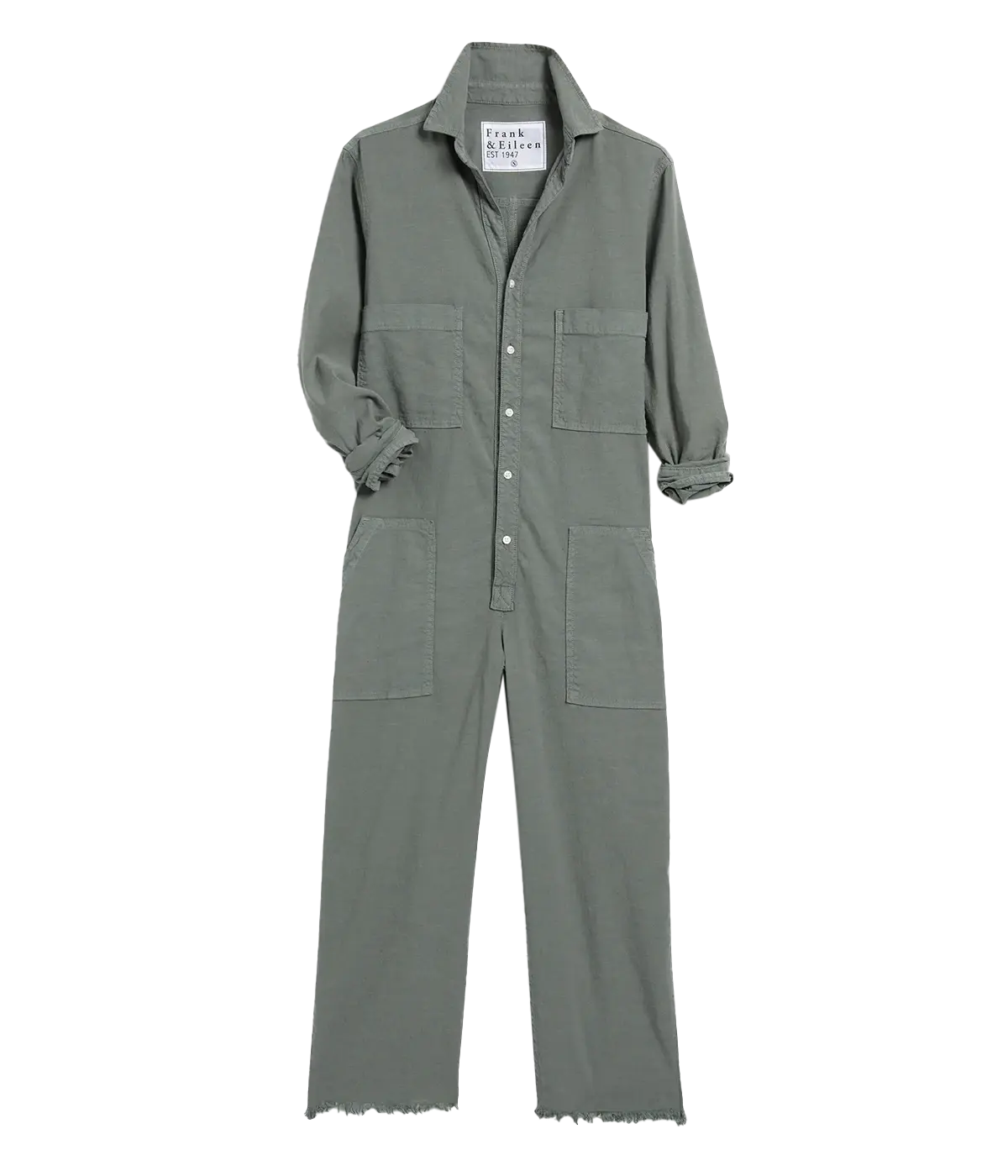  A cotton and linen blend long sleeve sage jumpsuit, throw on and go with a collar detailing, button down and raw hem. Bra friendly, comfortable, summer outfit, breathable, washable, made in Los Angeles. 