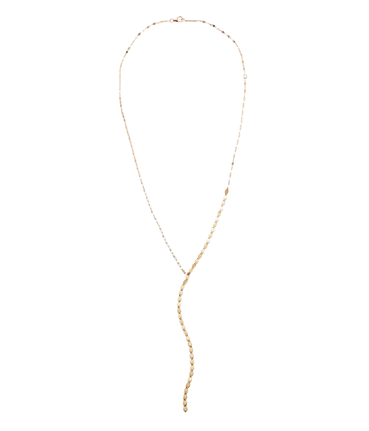 LANA Nude Lariat Necklace in Yellow Gold laid flat from a slightly different angle, with the Nude chain drop curving in a soft S-shape