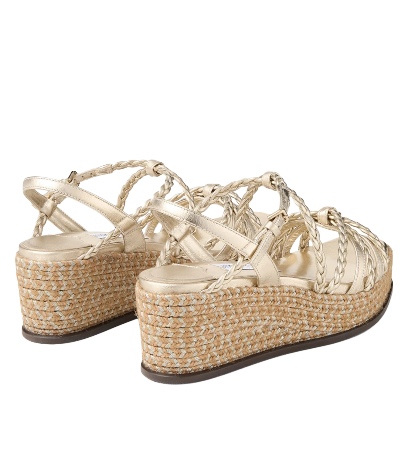 A pair of women's platform wedge sandals featuring metallic champagne-gold woven straps and a natural jute-wrapped wedge heel, shown against a plain white background.