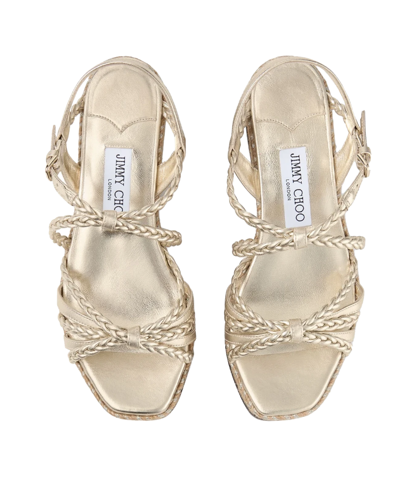 A pair of metallic gold strappy sandals by Jimmy Chono, featuring braided straps and a low block heel, shown from a top-down view on a white background.