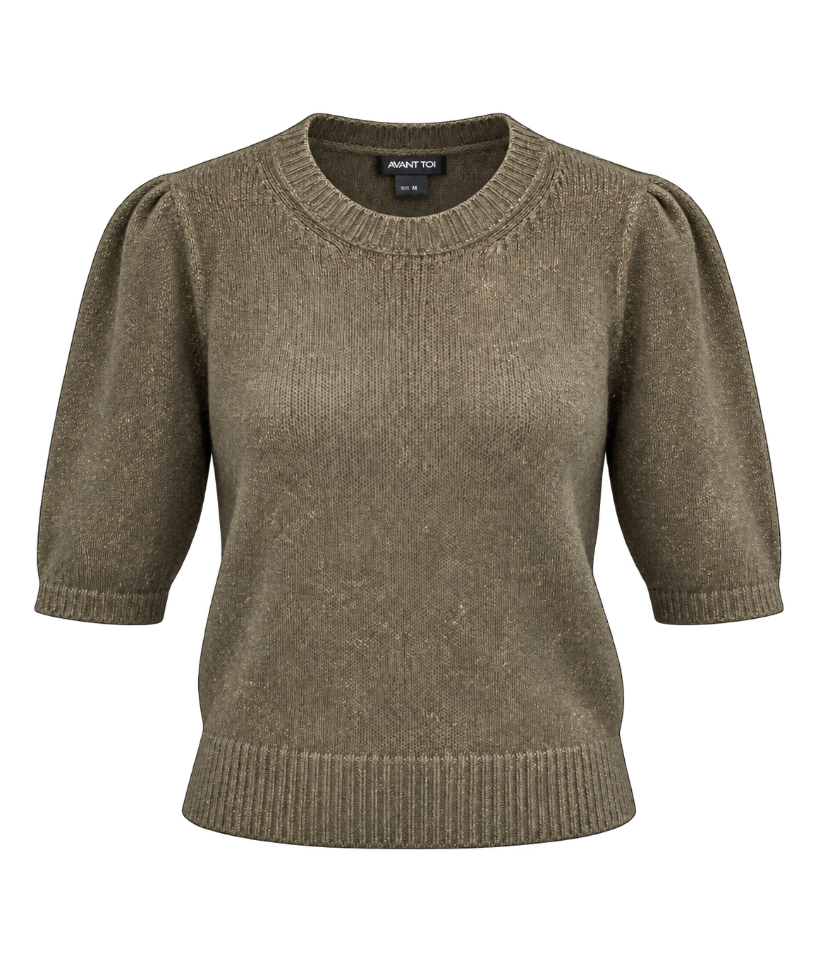 Front product view of Avant Toi Cashmere Short Sleeve in Mushroom with a hand-painted gold finish and puff sleeves