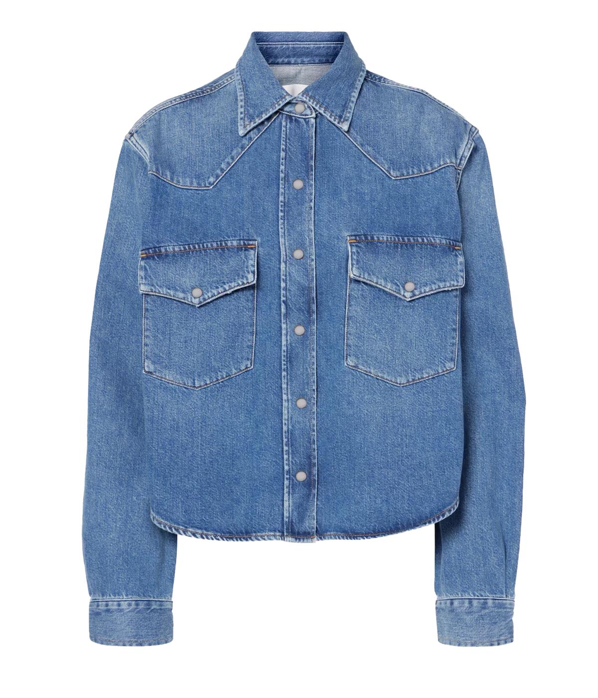 Citizens Of Humanity Cropped Western Shirt in Chaya laid flat, showing the pointed collar, western yokes, snap-button front and two flap chest pockets