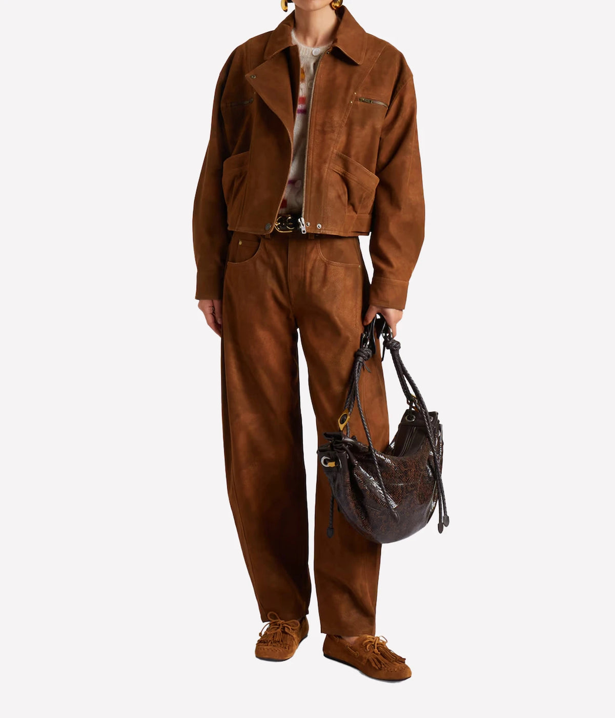Isabel Marant Étoile Belma Jacket in Brown, full-length styled model view highlighting the cropped faux suede silhouette.