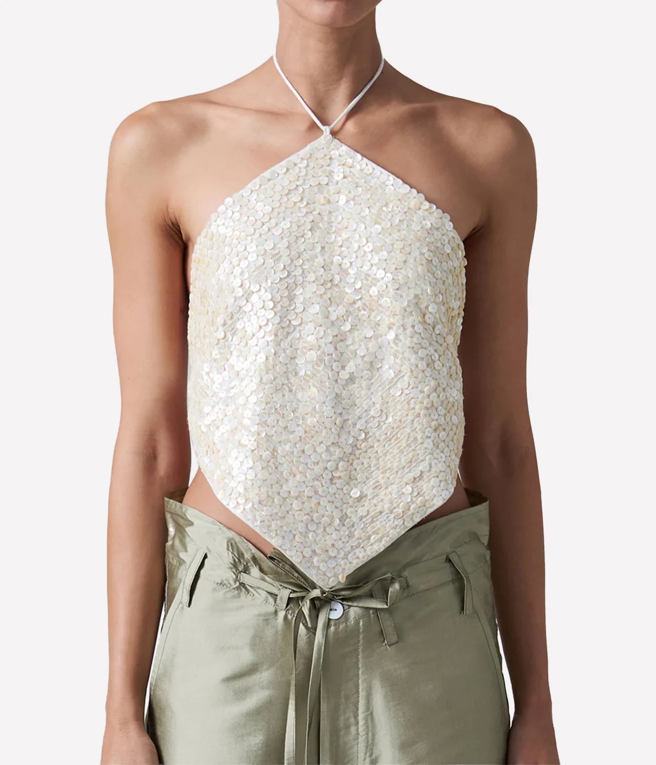 Chan Luu Halter Top with Shell Button in Shell - women's beaded halter top, close-up front view