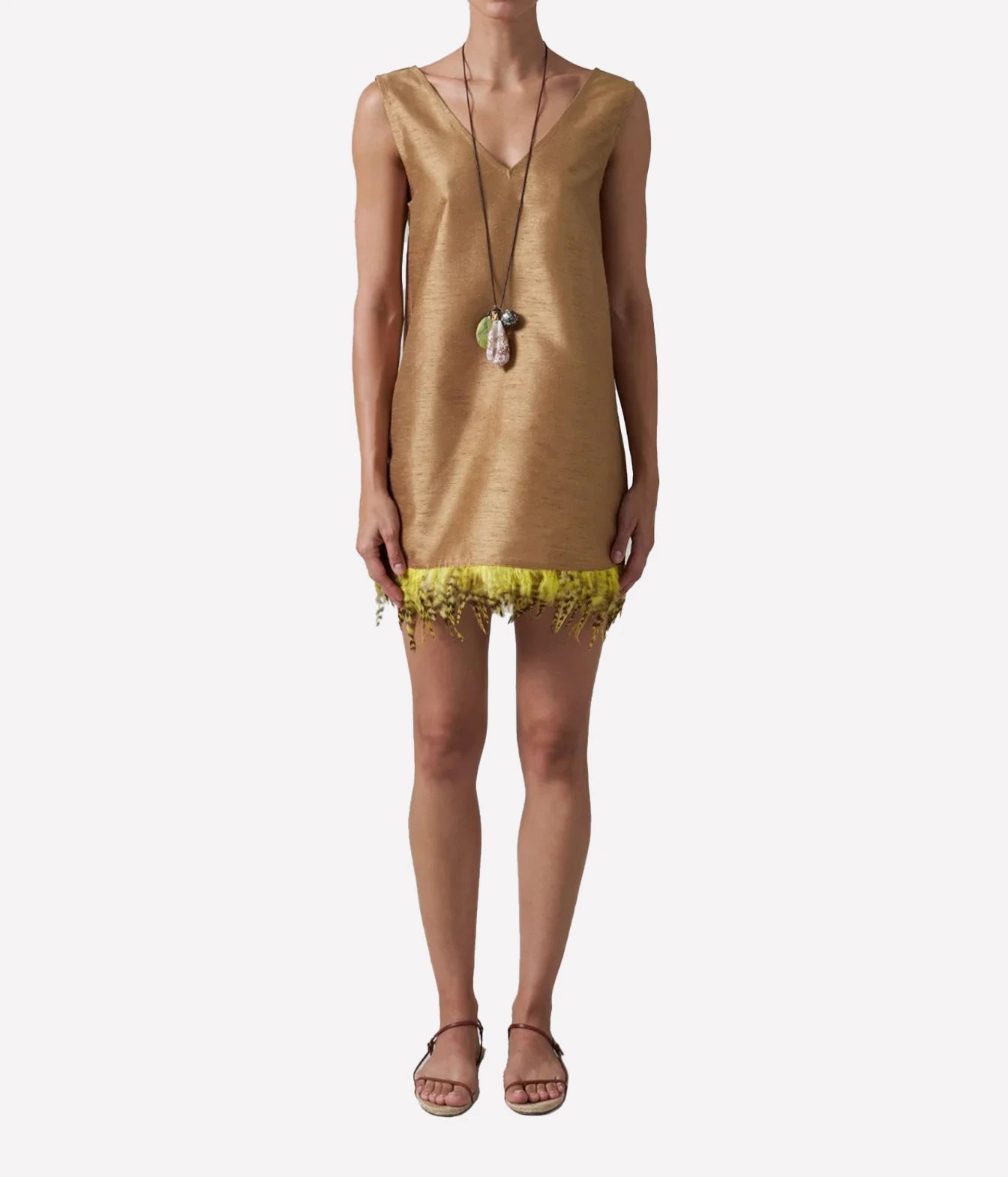 chan luu Dupion Exaggerated Tank With Feather Embellishment In Camel - front full body angle