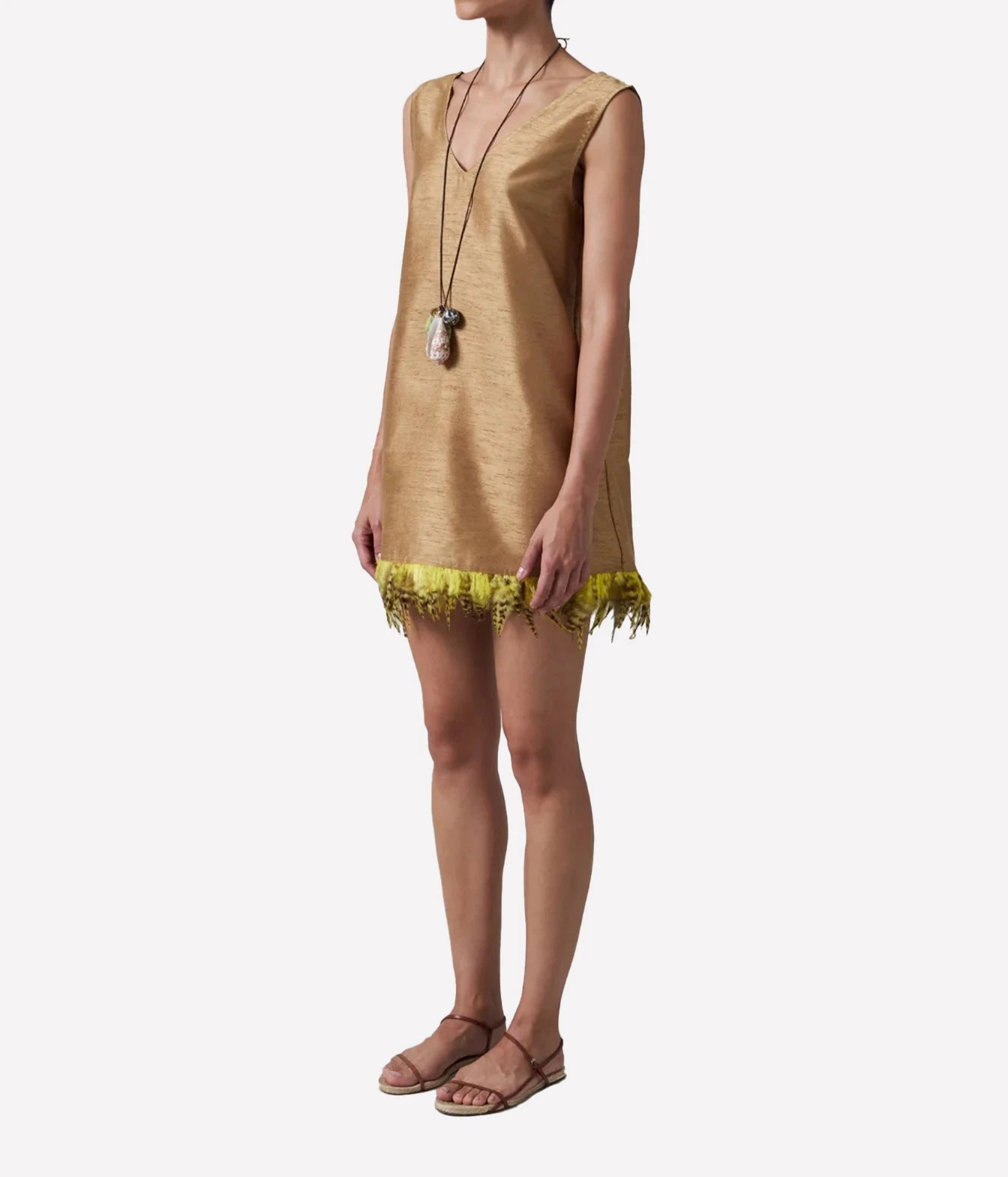 chan luu Dupion Exaggerated Tank With Feather Embellishment In Camel - front full body side profile