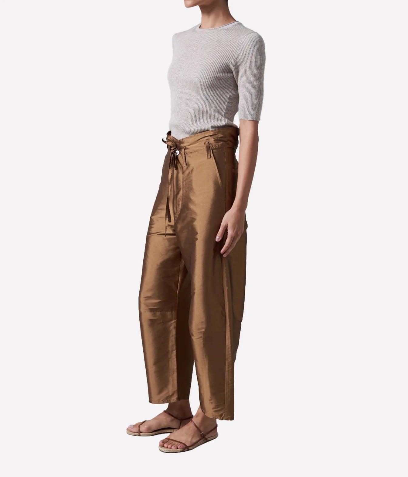 Chan Luu Taffeta Barrel Pant in Bronze - women's high-waisted barrel leg trousers, side view on model