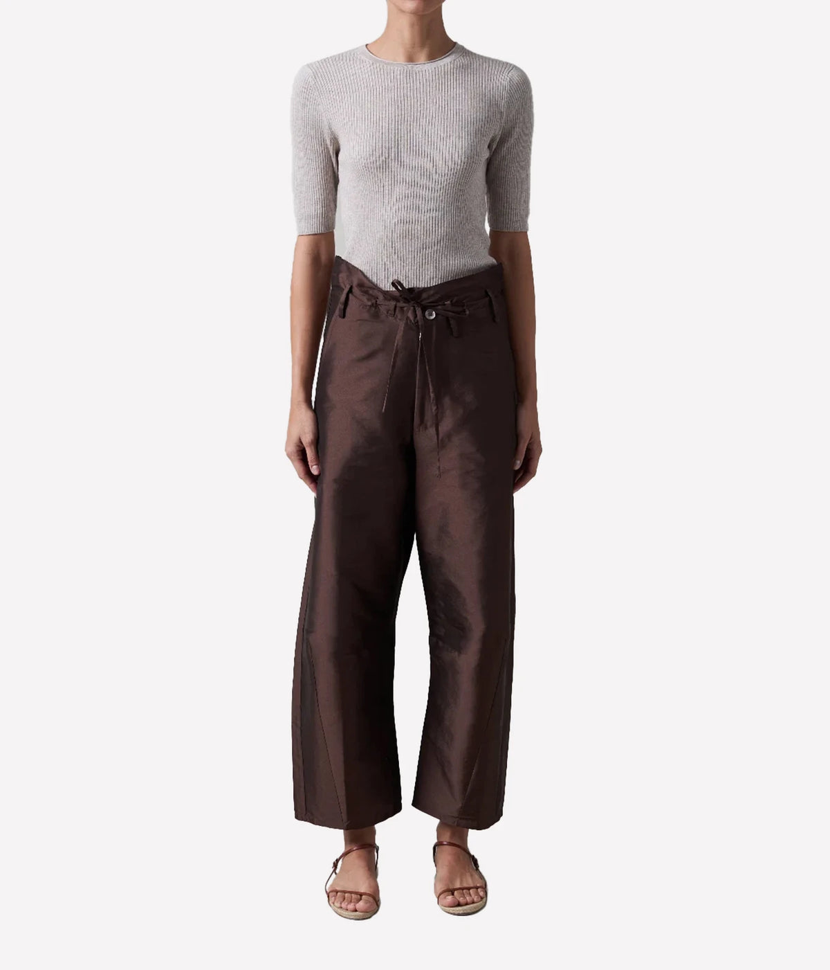 Chan Luu Taffeta Barrel Pant in Chocolate - women's high-waisted barrel leg trousers, front view on model