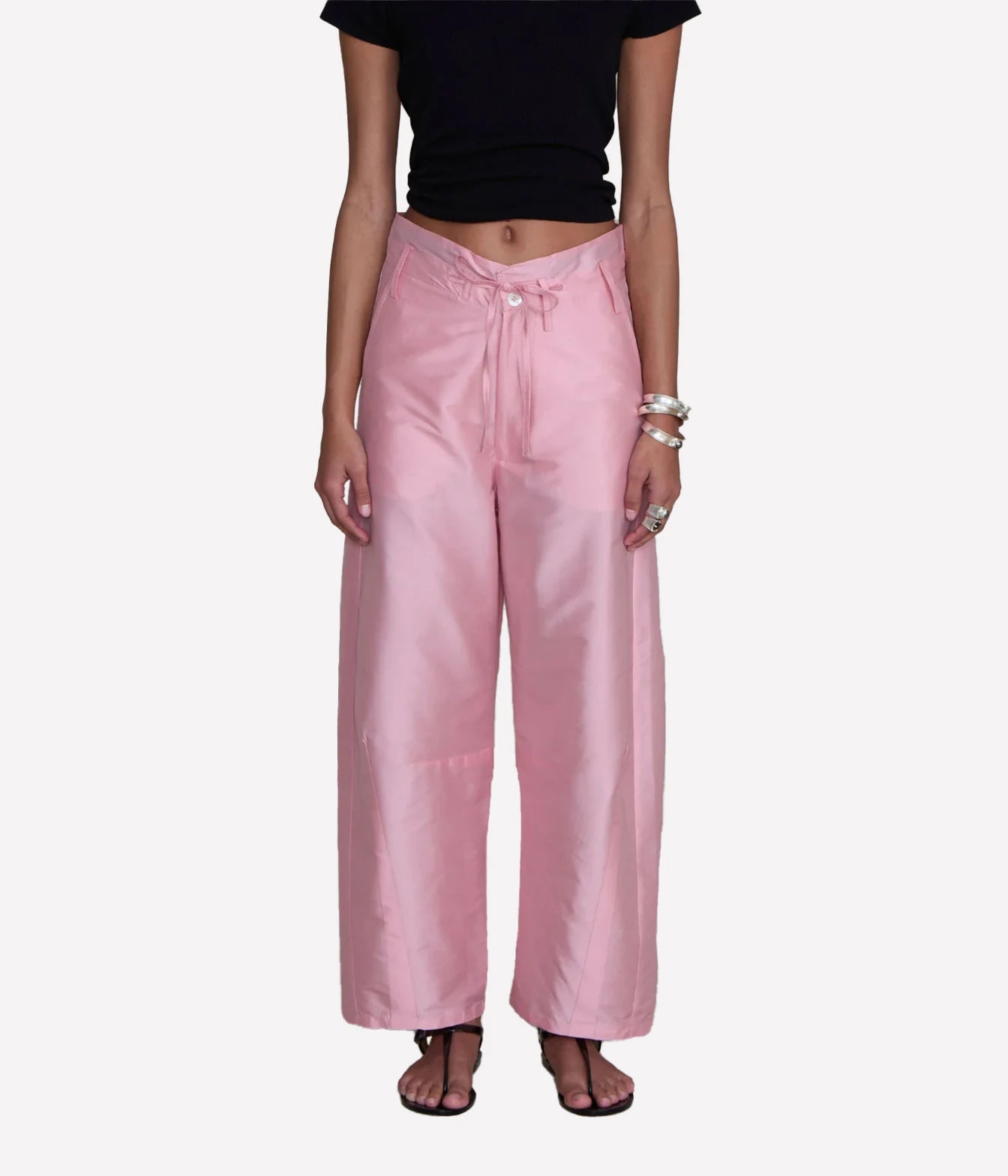 Chan Luu Taffeta Barrel Pant in Rose - women's high-waisted barrel leg trousers, close-up front view