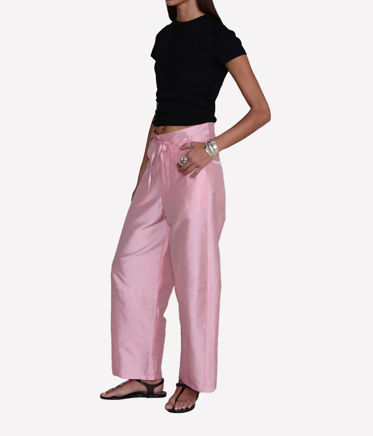 Chan Luu Taffeta Barrel Pant in Rose - women's high-waisted barrel leg trousers, side view on model
