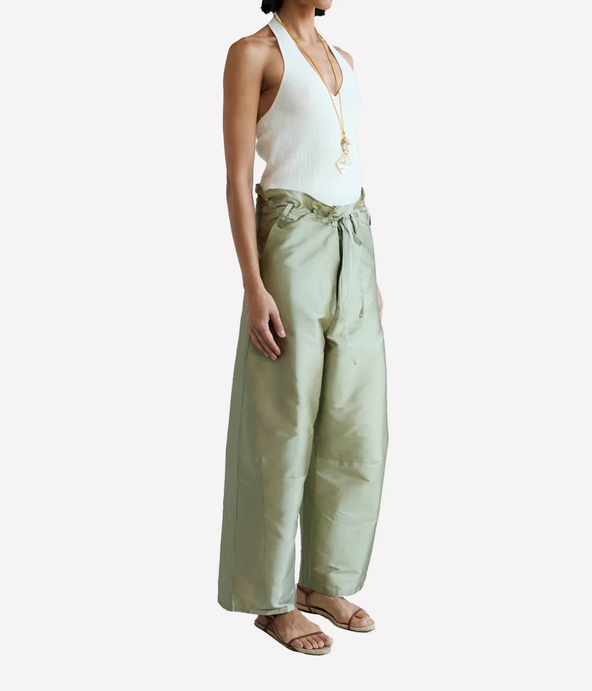 Chan Luu Taffeta Barrel Pant in Sage - women's high-waisted barrel leg trousers, side view on model