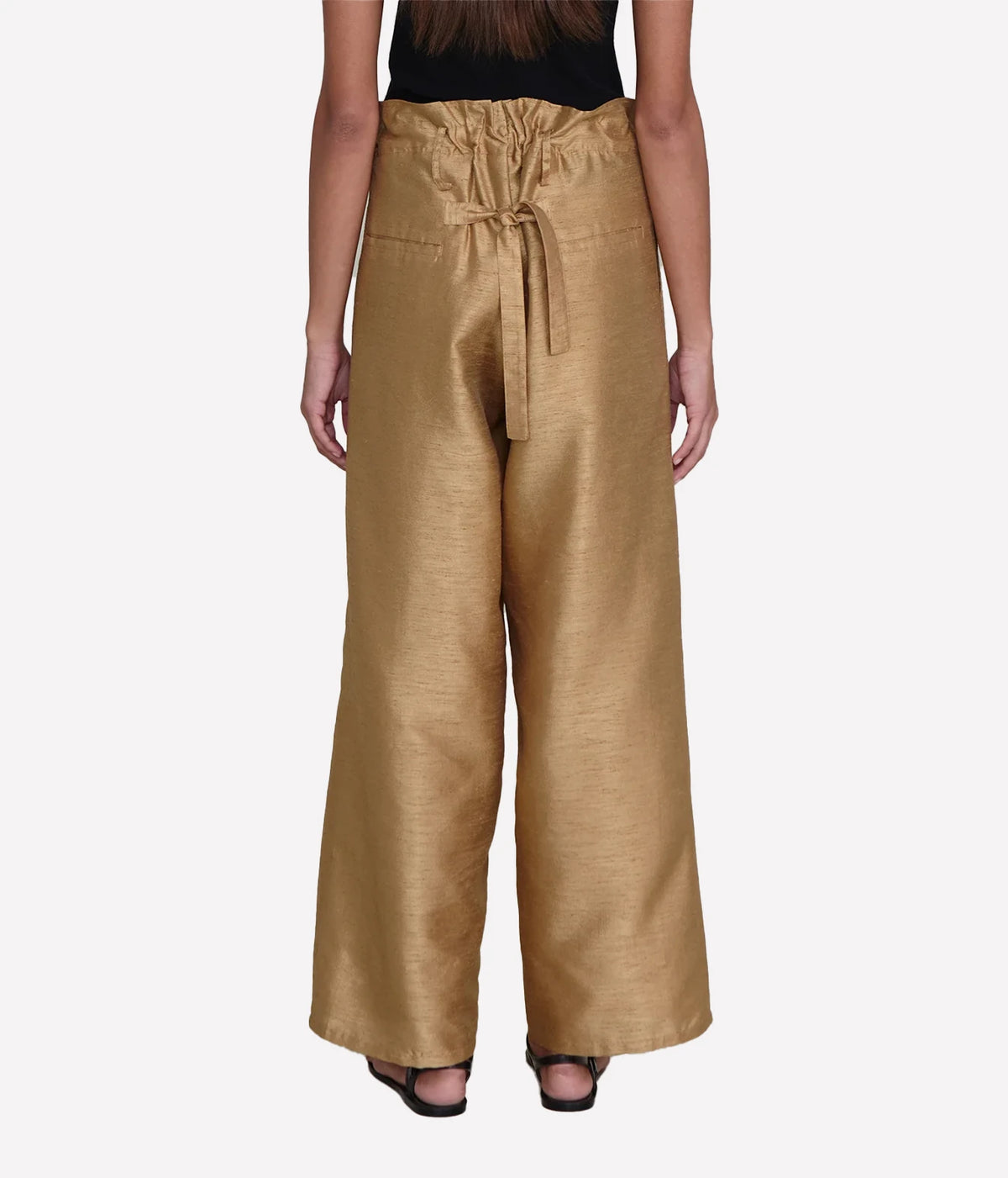 Chan Luu Dupion Straight Leg Trouser in Camel - close-up front view on model