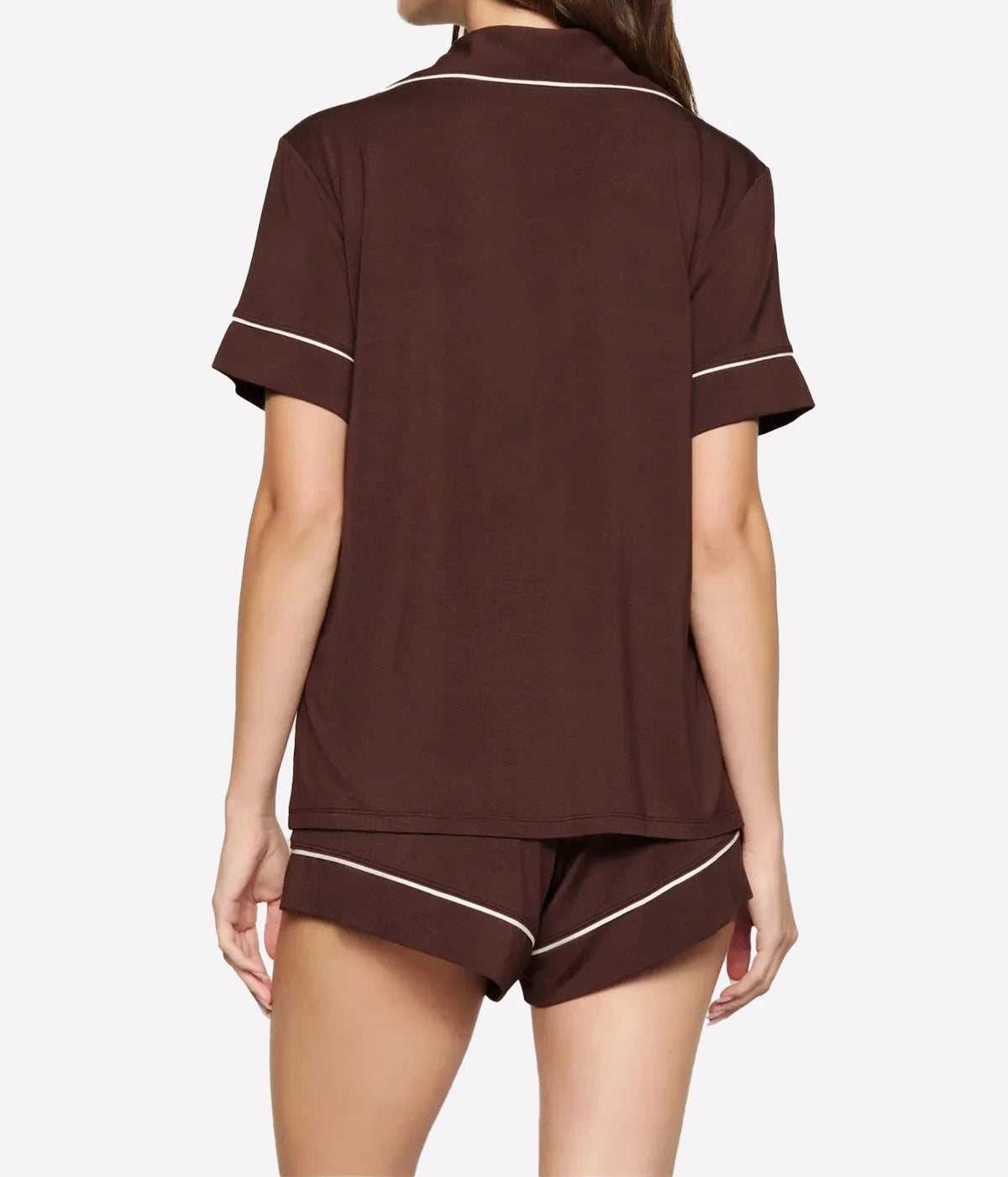 Back view of a model wearing the Eberjey Gisele Relaxed Short PJ Set in Chocolate & Ivory, showing the relaxed fit of the top and shorts
