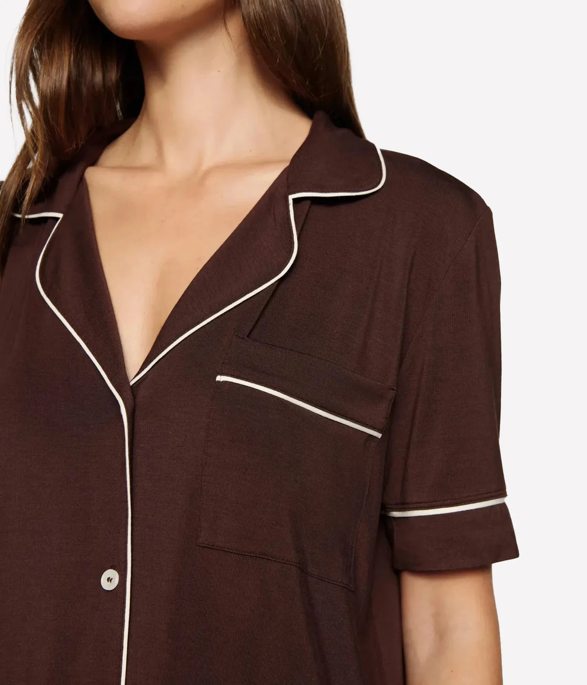 Close-up of the Eberjey Gisele Relaxed Short PJ Set in Chocolate & Ivory showing the notch collar, open V neckline and ivory-piped chest pocket