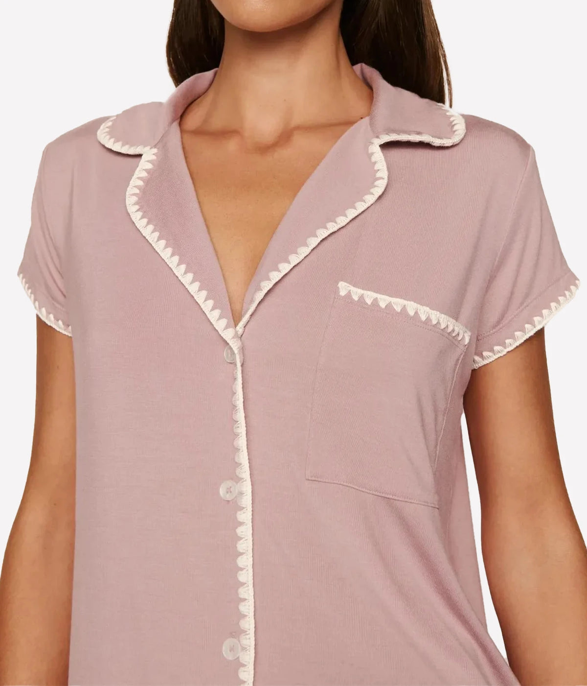 Close-up of the Eberjey Frida Shortie PJ Set in Woodrose & Ivory showing the ivory-trimmed collar, chest pocket and buttons