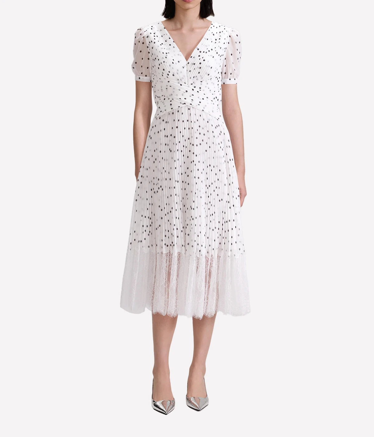 Polka Dot Crossover Midi Dress in Monochrome