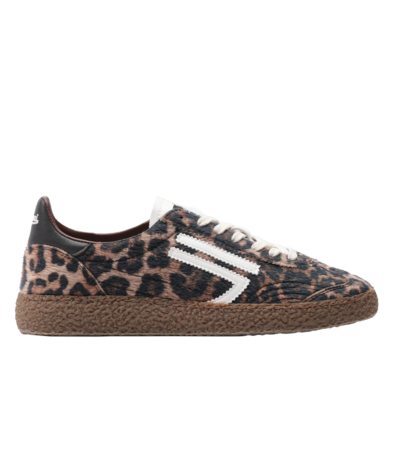 A low-top sneaker featuring a brown and black leopard print upper, white laces, a white side stripe detail, and a brown textured espadrille sole, shown in profile against a white background.