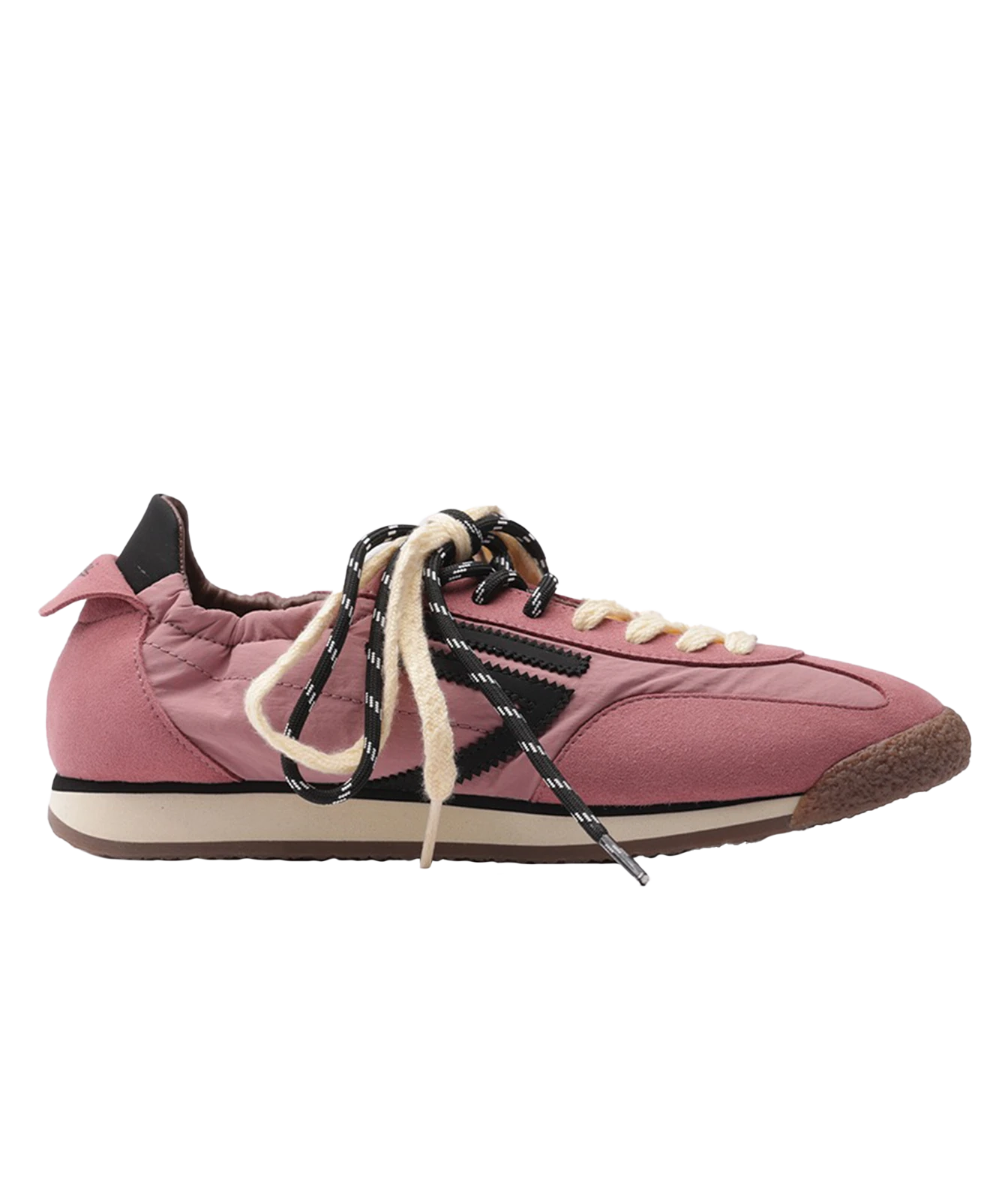 A pink low-top sneaker with black side stripes, cream laces, and a brown outsole, shown in profile against a white background.