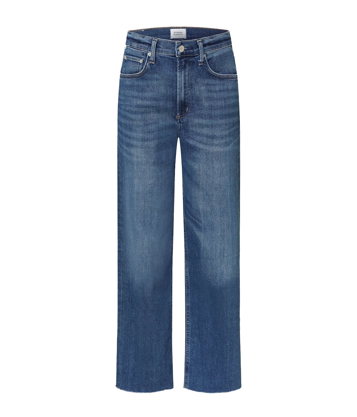 ALT text: High rise classic straight denim in bright medium indigo with fading, whiskering, and a soft stretch feel.