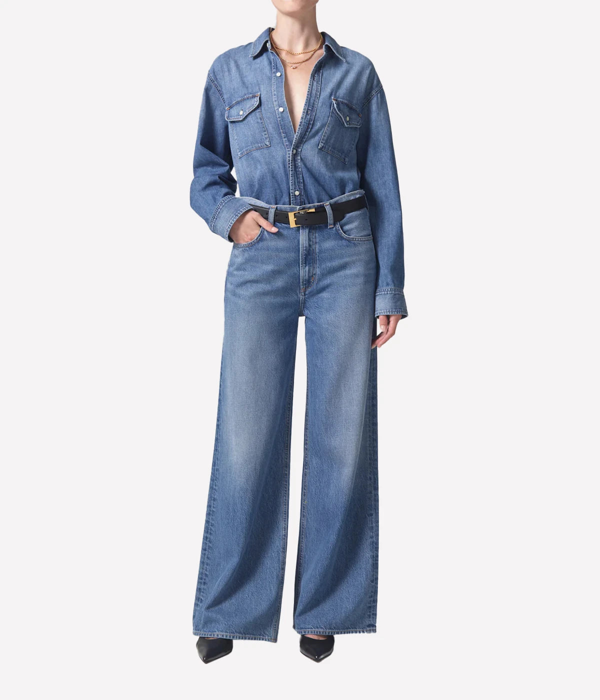 Paloma baggy leg jeans with vintage detailing, sitting at the waist with an easy flowing leg and zip fly closure.