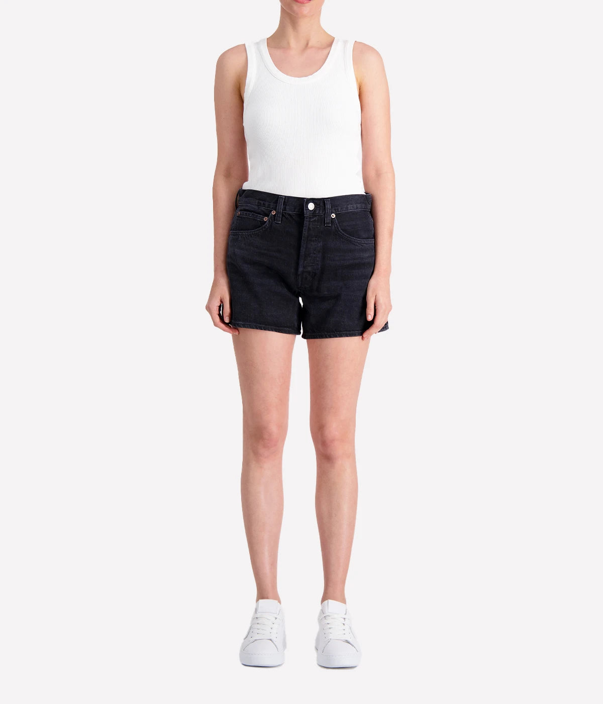 High-rise denim shorts in organic cotton with a button fly, longer inseam, and relaxed fit through the thighs for everyday comfort and style.
